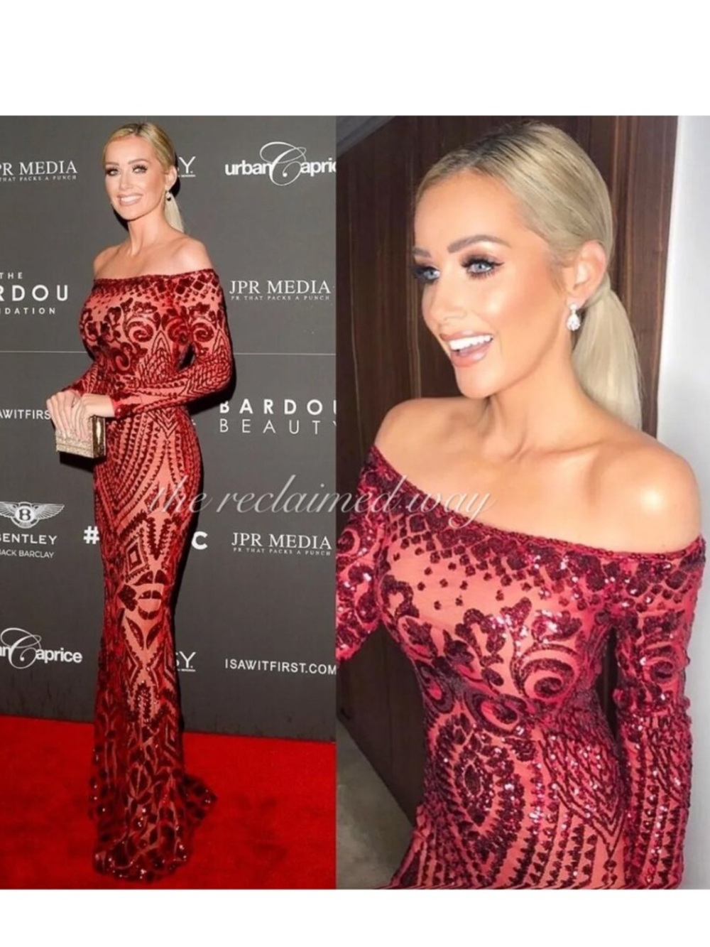 Nadine Merabi Arabella Gown Sequins Beading Off the Shoulder Red Maxi Dress